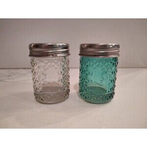 Vintage Glass Salt and Pepper Green and Clear Daisy Sunburst